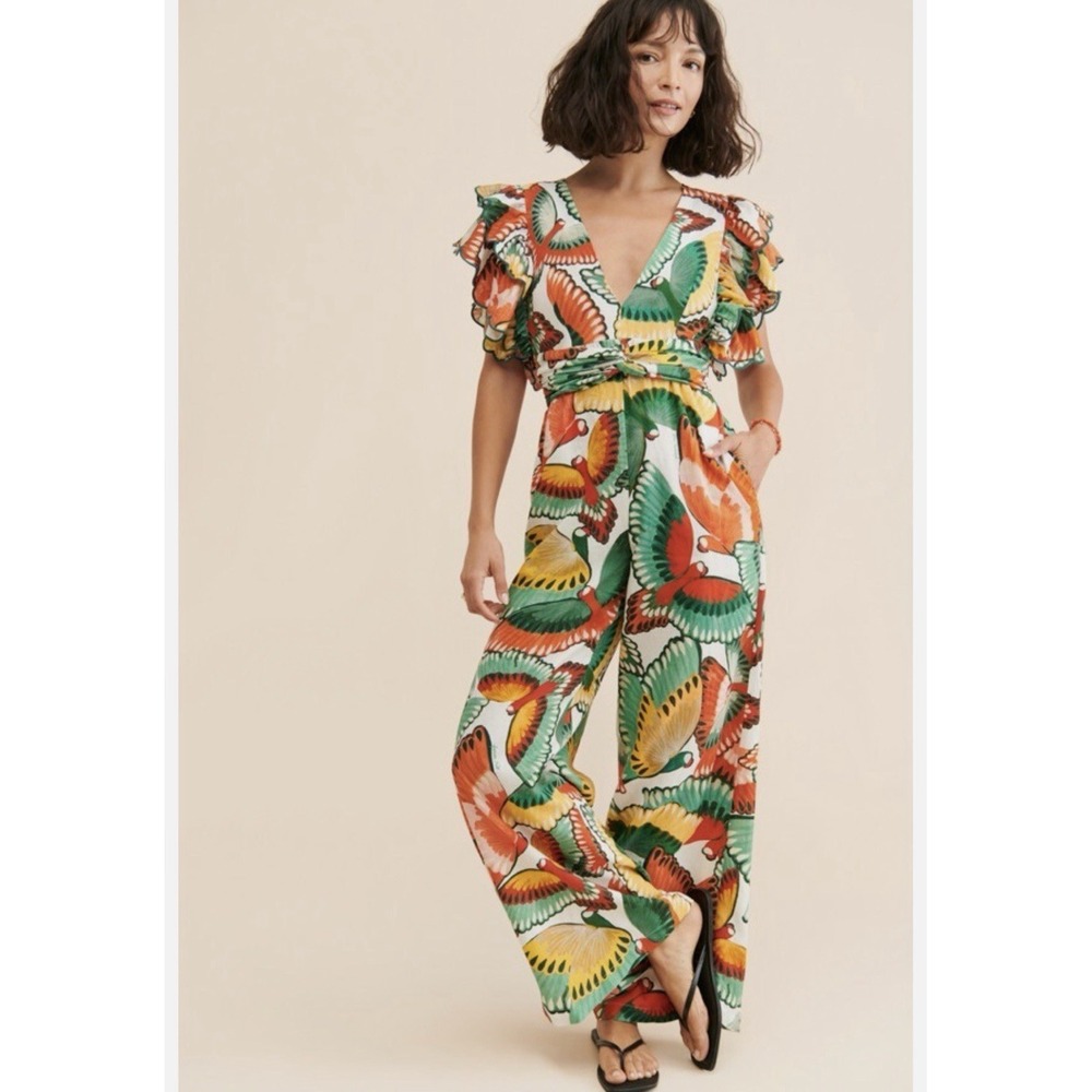 Farm Rio New Anthropologie Ruffle-Sleeve Linen Jumpsuit Size L - Picture 2 of 16